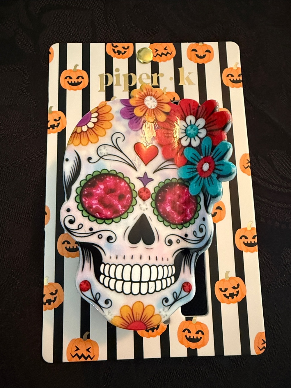 Piper K Colorful Sugar Skull Hair Claw Clip with Red, Pink and Turquoise Flowers